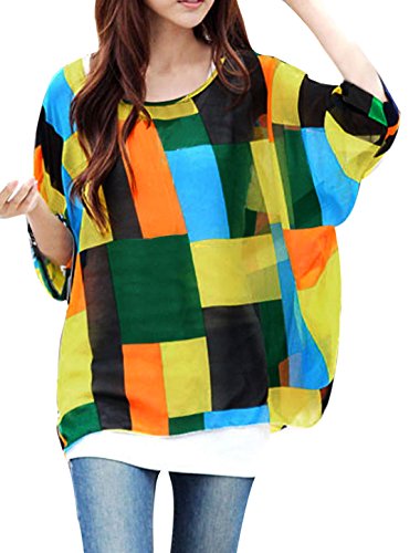 Allegra K Women Geometric Prints Sheer Oversize Batwing Tops Blouse Plus Size