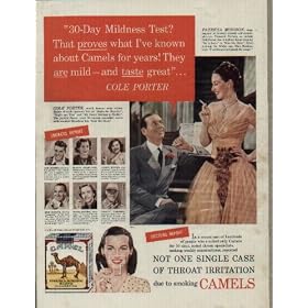 COLE PORTER and PATRICIA MORISON. Also pictured are GENE BEARDEN, ace baseball pitcher; Gladys Swarthout, Metropolitan Opera Star; JEANNE WILSON, star swimmer; GENE SARAZEN, Professional Golfer; SYLVIA MacNEILL, secretary; and "DUSTY" CAMPBELL, big-game fisherman. ..... 1949 CAMEL Cigarettes Ad, A4462.