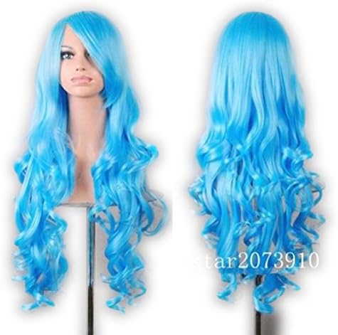 New Multi-color Women's Long Wavy Anime Cosplay Party High Temperature Wire Wigs+free Wig Cap (aqua blue)