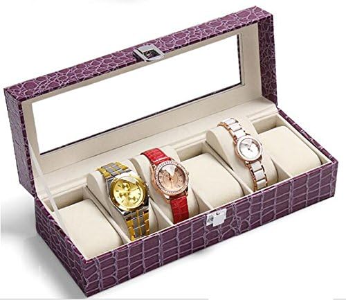 Crafts House Leather Watch Box 6 Watch Organizer Jewelry Display Case Drawer &amp; Lock -Purple