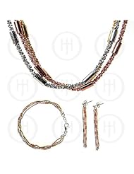 Sterling Silver -Tri-colour Necklace Bracelet Earrings Set (NBE-003)