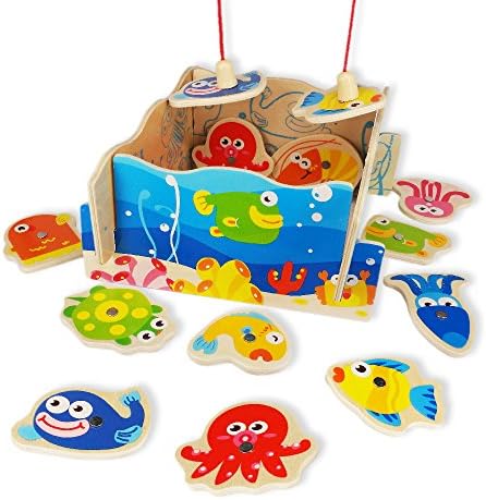 Fun Fishing Game | Adorable Colorful 12pcs Toy Fish and 2 Wooden Magnetic Toys Hook Fishing Rod with Board | Educational Game for Motor Skill and Eye-Hand Coordination