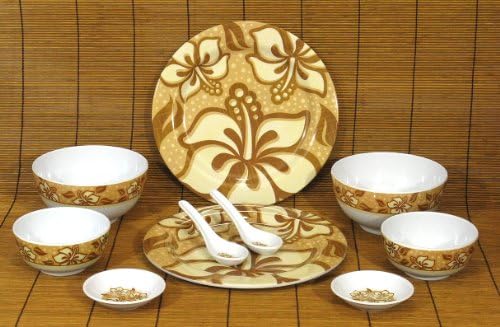 Brown Hibiscus Melamine Dinnerware Set / 10 Pieces - 2 Complete Place Settings