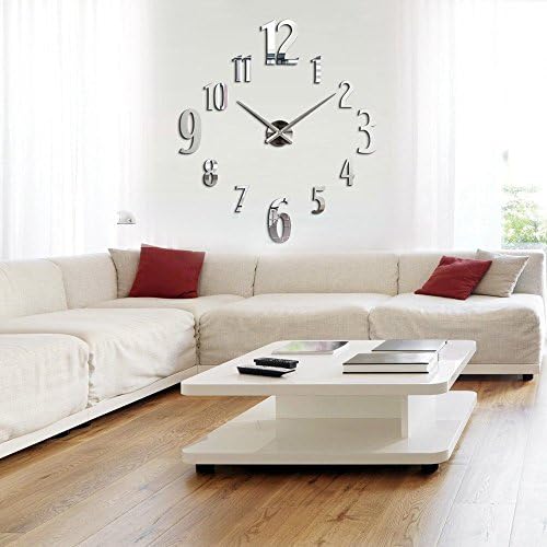 VIPECHO Large Arabic Numbers Creative Modern Design Wall Clock DIY 3D Acrylic Non-ticking Quartz Wall Clock Watch Big Mirror Clock Wall Sticker Decor Living Room Office Home Decoration-Silver