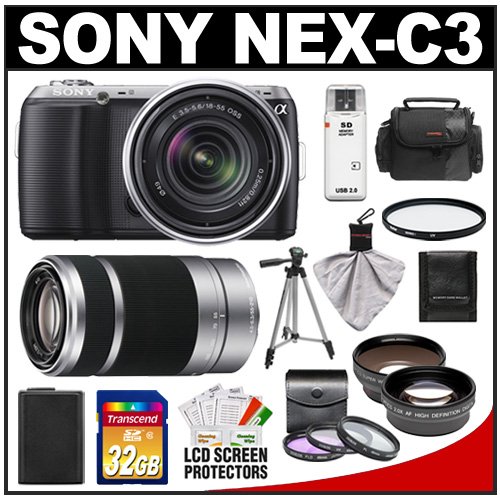 Sony Alpha NEX-C3 Digital Camera Body & E 18-55mm OSS Lens (Black) with E 55-210mm Lens + 32GB Card + Battery + Telephoto & Wide-Angle Lenses + 4 Filters + Case + Tripod + Accessory Kit