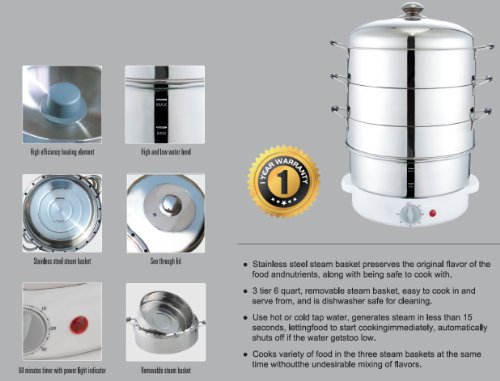 Secura 3-Tier 6-Quart Stainless Steel Electric Food Cooker Rice Steamer, w/ Steam360 technology S-324