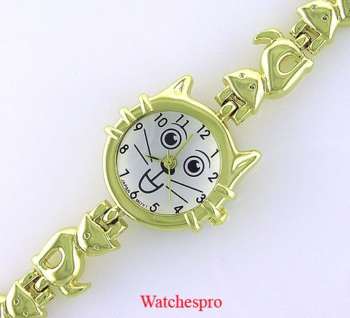 New Round Womens Gold Cat Stainless Bracelet Watch