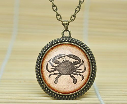 Fashion Jewelry Crab Necklace Aged Ephemera Pendant Antique Ephemera Jewelry Glass Cabochon Necklace A1420