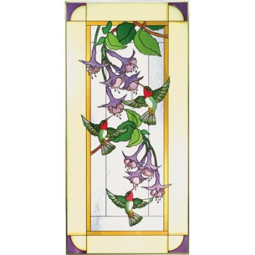 Hummingbirds Fuchsia Grand Vertical Art Glass Panel Wall Hanging Suncatcher 42 x 20