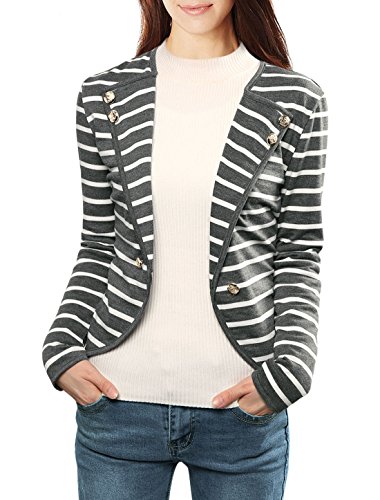 Allegra K Women Notched Lapel Striped Blazer Jacket Grey White S