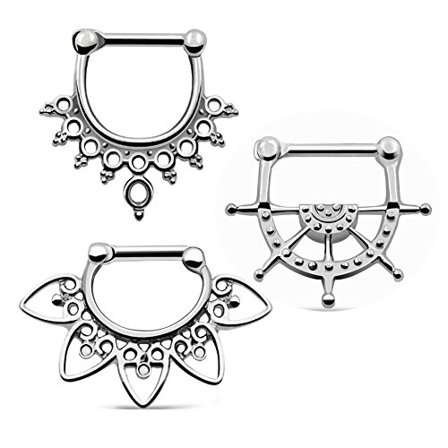 D&M Jewelry 3pcs Mixed 316L Stainless Steel Septum Clicker Nose Ring Wheel Shaped 16G