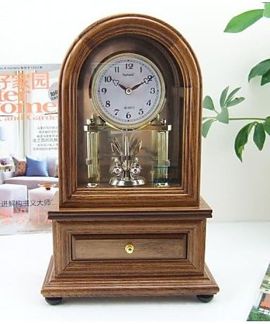 Modern/Glass/Wood Table Clock 7.875*4.125*12.25"/Oak Color/Rotating Pendulum/with Storage Drawer/Japan Seiko Movement