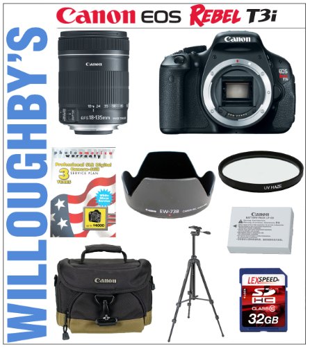 Canon EOS Rebel T3i 18 MP CMOS Digital SLR Camera with Canon EF-S 18-135mm f/3.5-5.6 IS Lens + Canon EW-73B Lens Hood + Canon LPE8 Spare Battery + 67mm Essential Pro DHD UV Filter + LEXSpeed 32GB SDHC Class 10 Memory Card + Sunpak 6600DX Digital Tripod + 3 Year Extended DSLR Warranty + Canon Deluxe Gadget Bag &amp; Much More! Willoughby's Est. 1898 Photographic Specialty Warranty Bundle