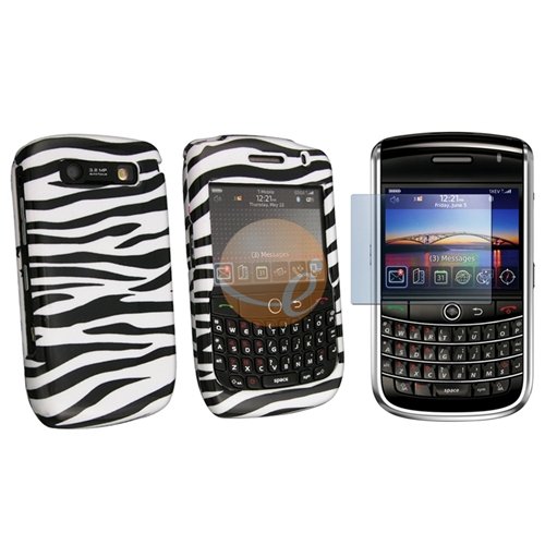 Zebra (Black & White) Clip-on Case + Durable Clear Reusable LCD Screen Protector for T-Mobile Blackberry Curve 8900 Javelin Smartphone