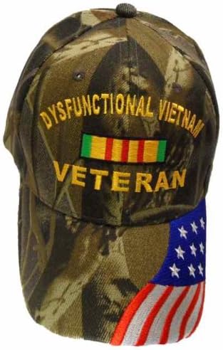 Dysfunctional Vietnam Veteran Camouflage Baseball Cap with American Flag Stars and Stripes on the Bill Humorous Camo Funny Hat