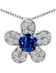 CandyGem 925 Sterling Silver Lab Created Round Sapphire Flower Pendant