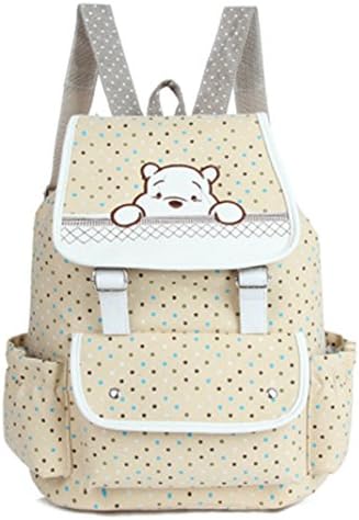 Sweet Spring Water Lovely Cartoon Dot Bear Canvas Students Backpack School Bag Travel Outdoor Backpack Rucksack for Girls (Beige)