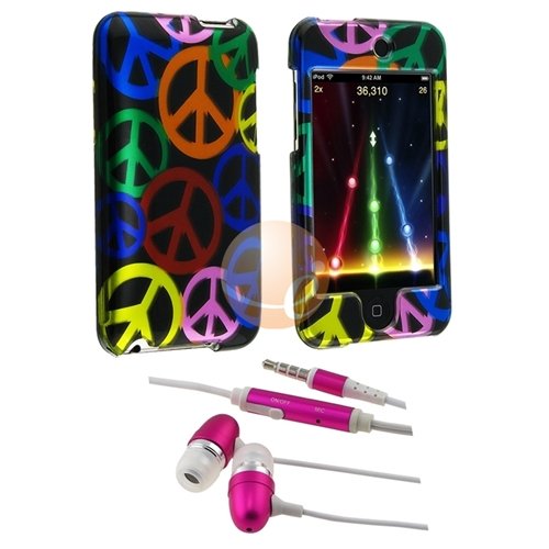 Black Rainbow Peace Sign Snap-on Hard Case + Hot Pink 3.5mm In-Ear Headset w/ On-off & Mic Compatible With Apple iPod Touch 2nd / 3rd Gen