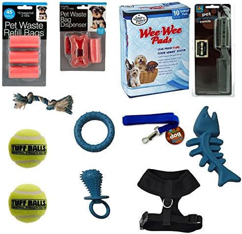 Puppy Dog Starter Kit Bundle for Potty Training with Dog Chew Toys, Waste Bags, Wee Wee Pads, Puppy Harness, TUFF Balls, and Dog Leash