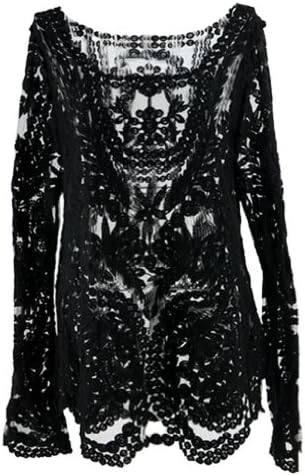 Finejo Women's Semi Sheer Sleeve Embroidery Floral Lace Crochet Top