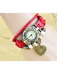 KANO BAK(TM) Retro Bronze Women Ladies Weave Wrap Love Heart Leather Bracelet Bangle Quartz Gift Watch Red