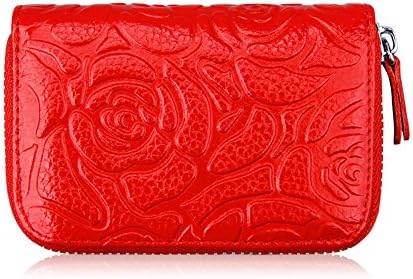 Mariego Genuine Leather Mini Credit Card Case Wallet Organizer with Rose Printing