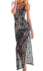 Sexy V-neck Spaghetti Strap Lace Slit Backless Tropical Print Polyester/Spandex Evening Dress/Party Dress 