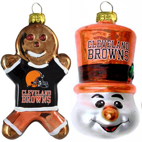 NFL Cleveland Browns Blown Glass Gingerbread Man & Top Hat Snowman Ornament 2-Pack