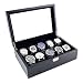 Carbon Fiber Pattern Glass Top Watch Case Display Storage Watch Box Holds 10 Watches With Removable Pillows And High Clearance For Large Watches