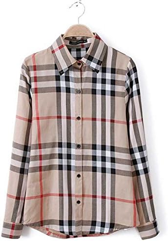 Uner Womens Tops British Style Plaid Pattern Long Sleeve Shirt (M, Khaki)