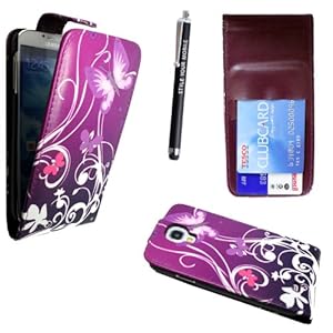 SAMSUNG GALAXY S4 i9500 ULTRA BUTTERFLY PURPLE CARD POCKET HOLDER PU LEATHER MAGNETIC FLIP CASE COVER POUCH + FREE STYLUS