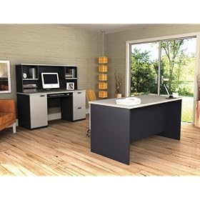 Executive Work Station and Credenza Hutch Set in Sand Granite and Charcoal - Hampton -...