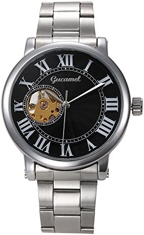 Gucamel Mens Noble Skeleton Hollow Stainless Steel Automatic Mechanical Quartz Wrist Watches-Black