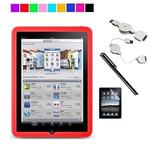 Silicone Skin Case for Apple iPad + Black Stylus + Retractable USB Cable + Screen Protector