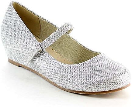 DOTTY SUGARY-FG Children's Girls Low Wedge Heel Trendy Glitter Mary Jane Shoes, Color:SILVER, Size:10 M US Toddler