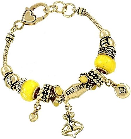 Gemini Charm Bracelet C26 Twin Yellow Murano Beads Crystal May June Zodiac