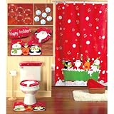 16 piece CHRISTMAS themed Bathroom Set Holiday Reindeer SANTA shower curtain, hooks, toilet lid cover, tank cover & contour rug