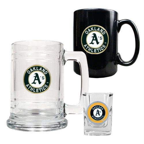MLB Oakland Athletics 15-Ounce Tankard, 15-Ounce Ceramic Mug & 2-Ounce Shot Glass Set - Primary Logo