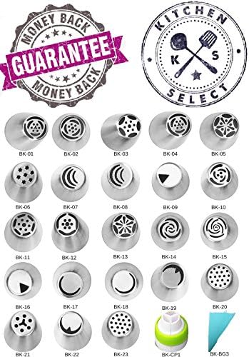 25 PIECE Russian Icing Piping Tips | COMPLETE Set | BONUS Coupler &amp; Reusable Silicone Pastry Bag | Cake/Cupcake Frosting Pastry Nozzles| 60 Day