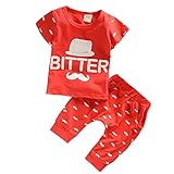 【SEBLES】ベビー 赤ちゃん 男の子 女の子 ユニセックス 半袖 ラウンドネック プリント Tシャツ 髭 ヒゲ クール ズボン ボトムス セット コットン 綿(レッド,80cm)