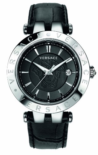 Versace Mens 23Q99D008 S009 V-Race 3 Hands Black Dial Leather 3-Interchangeable Rings Watch