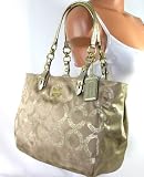 Coach Signature Op Art Mia E/W Metallic Lurex Gallery Book Bag Tote Khaki Gold