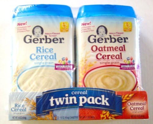 Gerber Cereal Twin Pack- 2 16 oz Plastic Canisters-Rice/Oatmeal Single Grain