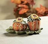 NEW Sunflower & Pumpkin Salt & Pepper Shakers on Leaf Tray 3pc Set Fall Halloween 3-d Details
