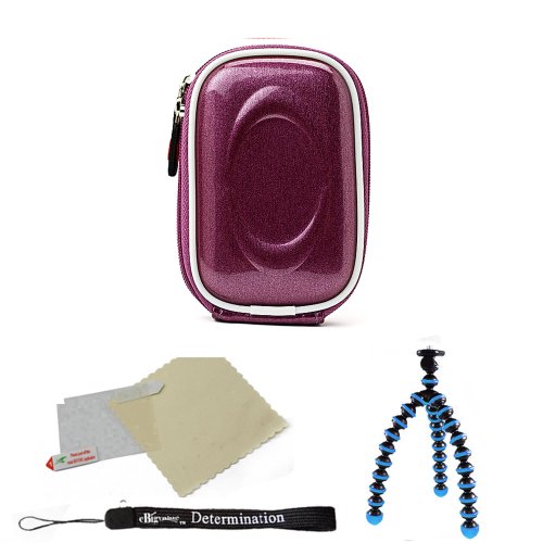 Best Price Candy Purple Durable Slim Protective Storage Cover Cube Carrying Case with Internal Mesh Pocket with Carabiner clip for Canon Power-Shot ELPH 500 HS ELPH 510 HS S95 SD970 IS SD1300 IS SD1400 IS SD3500 IS SD4000 IS SD4500 IS SX210 IS SX220 HS SX230 HS Point and Shoot Digital Camera + Includes Blue 6 Inch Mini Flexi Tripod + Includes a Anti Glare Screen Protector