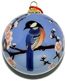 Hand Painted Glass Ornament, Blue Birds with Pink Cherry Blossoms CO-181