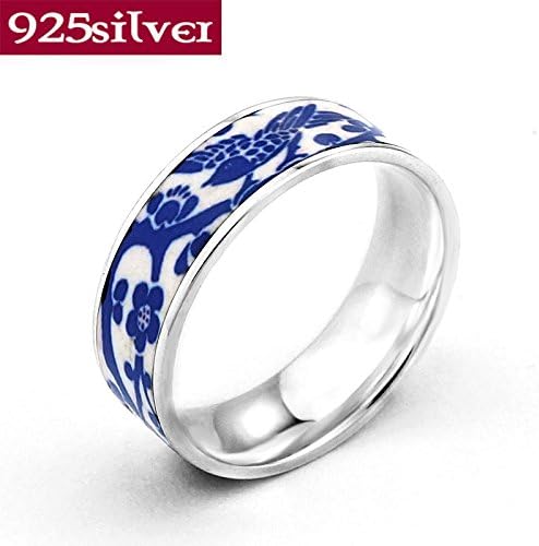 GLucky Jew: New Men Jewelry Elegant 7.1mm Width Pure 925 Sterling Silver Rings Chinese Blue And White Porcelain Pattern Enamel Rings LFR7016 8.5