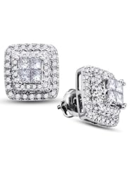 14K White Gold Princess Cut Diamond - Square Princess Shape Halo Invisible Set Studs Earrings with Secure Screw Back Closure - (1.04 cttw.)