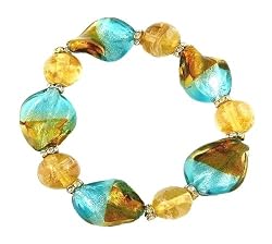 Bracelet - B64 - Murano Style Glass - Twists - Stretch ~ Aqua, Gold and Brown