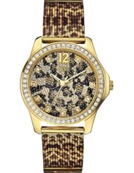 GUESS Womens W0333L1 Animal Print Mesh Gold-Tone Watch